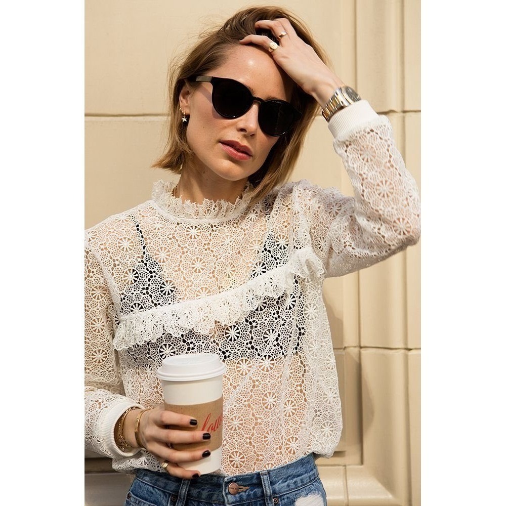 Anine Bing White Lace Ruffle High Neck Long Sleeve Top XS Romantic Coquette